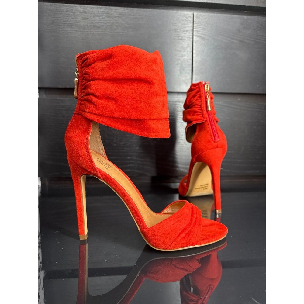 Red Orange Open Toe Ruched Ankle Cuff w/ Back Zip Closure High Heel size 8